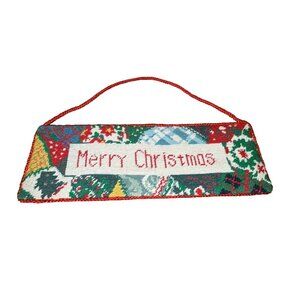 Merry Christmas Needlepoint HM Door Hanger CottageCore Wall Decor Vintage 12x4